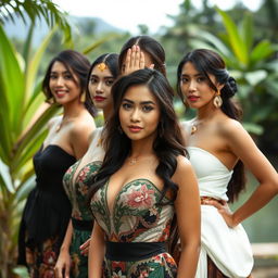 a group of alluring and beautiful Indonesian women, depicted in a tasteful and artistic manner, radiating elegance and beauty, located in a tranquil tropical setting with lush greenery in the background