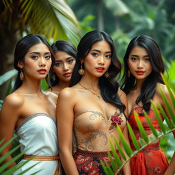 a group of alluring and beautiful Indonesian women, depicted in a tasteful and artistic manner, radiating elegance and beauty, located in a tranquil tropical setting with lush greenery in the background