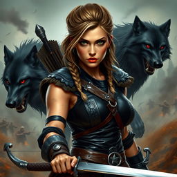 A striking and serious warrior woman with a tanned complexion, sporting a Viking-inspired hairstyle