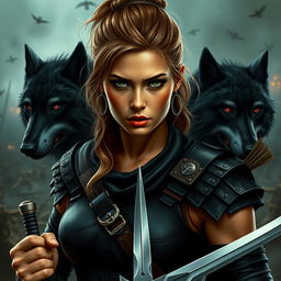 A striking and serious warrior woman with a tanned complexion, sporting a Viking-inspired hairstyle