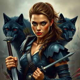 A striking and serious warrior woman with a tanned complexion, sporting a Viking-inspired hairstyle