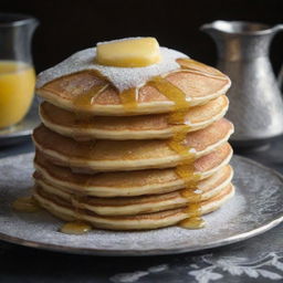 A stack of golden, fluffy pancakes dripping with melted butter and shiny maple syrup, served on an elegant, antique silver plate adorned with intricate patterns. A sprinkle of powdered sugar dusts the top, enhancing the appeal.