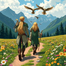 Two male elves with blond hair, both depicted as druids, walking on a dirt trail in the center of a vibrant flower meadow