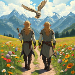 Two male elves with blond hair, both depicted as druids, walking on a dirt trail in the center of a vibrant flower meadow