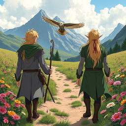 Two male elves with blond hair, both depicted as druids, walking on a dirt trail in the center of a vibrant flower meadow