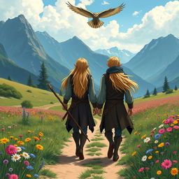 Two male elves with blond hair, both depicted as druids, walking on a dirt trail in the center of a vibrant flower meadow