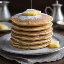 A stack of golden, fluffy pancakes dripping with melted butter and shiny maple syrup, served on an elegant, antique silver plate adorned with intricate patterns. A sprinkle of powdered sugar dusts the top, enhancing the appeal.