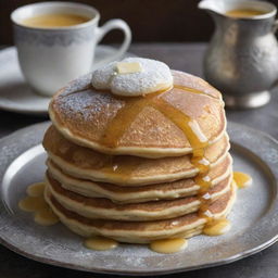 A stack of golden, fluffy pancakes dripping with melted butter and shiny maple syrup, served on an elegant, antique silver plate adorned with intricate patterns. A sprinkle of powdered sugar dusts the top, enhancing the appeal.