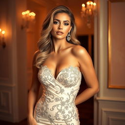 A confident and elegant woman with big boobs, posing gracefully in a beautiful evening gown