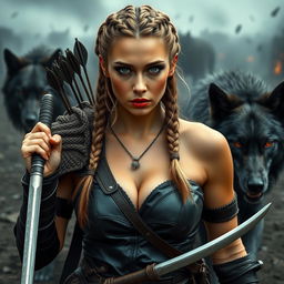 A striking and serious warrior woman with a tanned complexion, sporting a Viking-inspired braided hairstyle