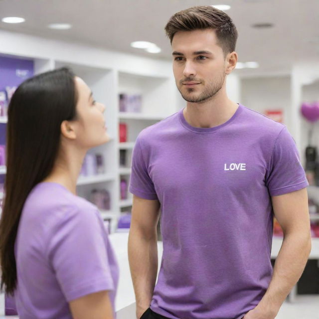 A handsome young man in a purple tinted t-shirt in a cosmetic shop, mesmerized by the beauty of a girl just entering the space, potraying a 'love at first sight' scenario.