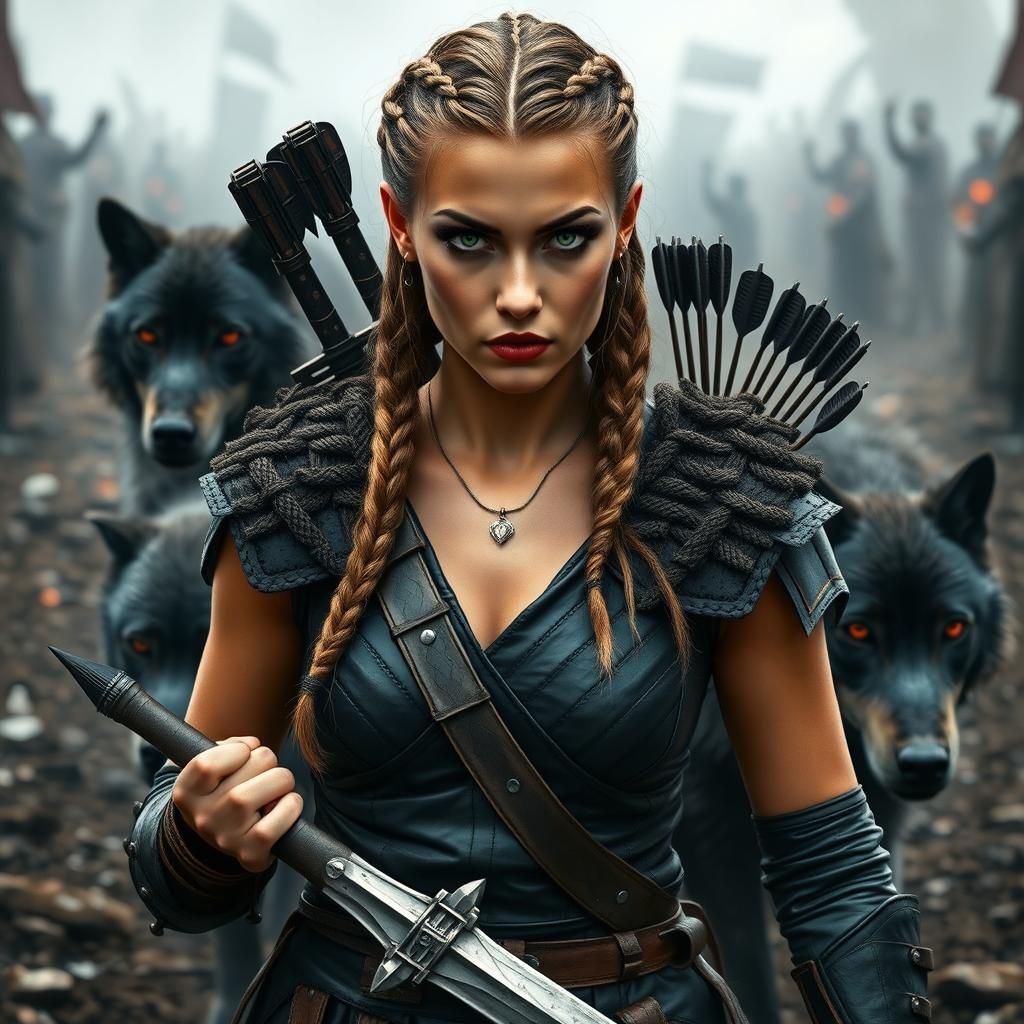 A striking and serious warrior woman with a tanned complexion, sporting a Viking-inspired braided hairstyle