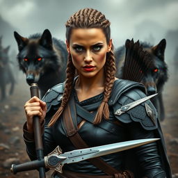 A striking and serious warrior woman with a tanned complexion, sporting a Viking-inspired braided hairstyle