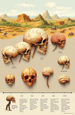 An illustration depicting the evolution of the brain through different stages of prehistoric human development, showcasing the changes in human basic structure over time