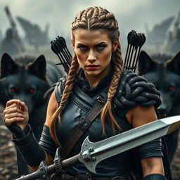 A striking and serious warrior woman with a tanned complexion, sporting a Viking-inspired braided hairstyle