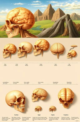 An illustration depicting the evolution of the brain through different stages of prehistoric human development, showcasing the changes in human basic structure over time