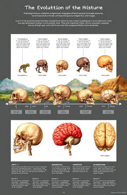 An illustration depicting the evolution of the brain through different stages of prehistoric human development, showcasing the changes in human basic structure over time