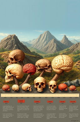 An illustration depicting the evolution of the brain through different stages of prehistoric human development, showcasing the changes in human basic structure over time