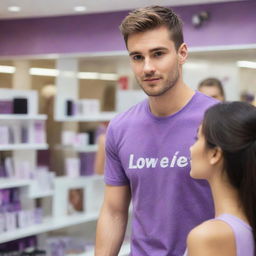 A handsome young man in a purple tinted t-shirt in a cosmetic shop, mesmerized by the beauty of a girl just entering the space, potraying a 'love at first sight' scenario.