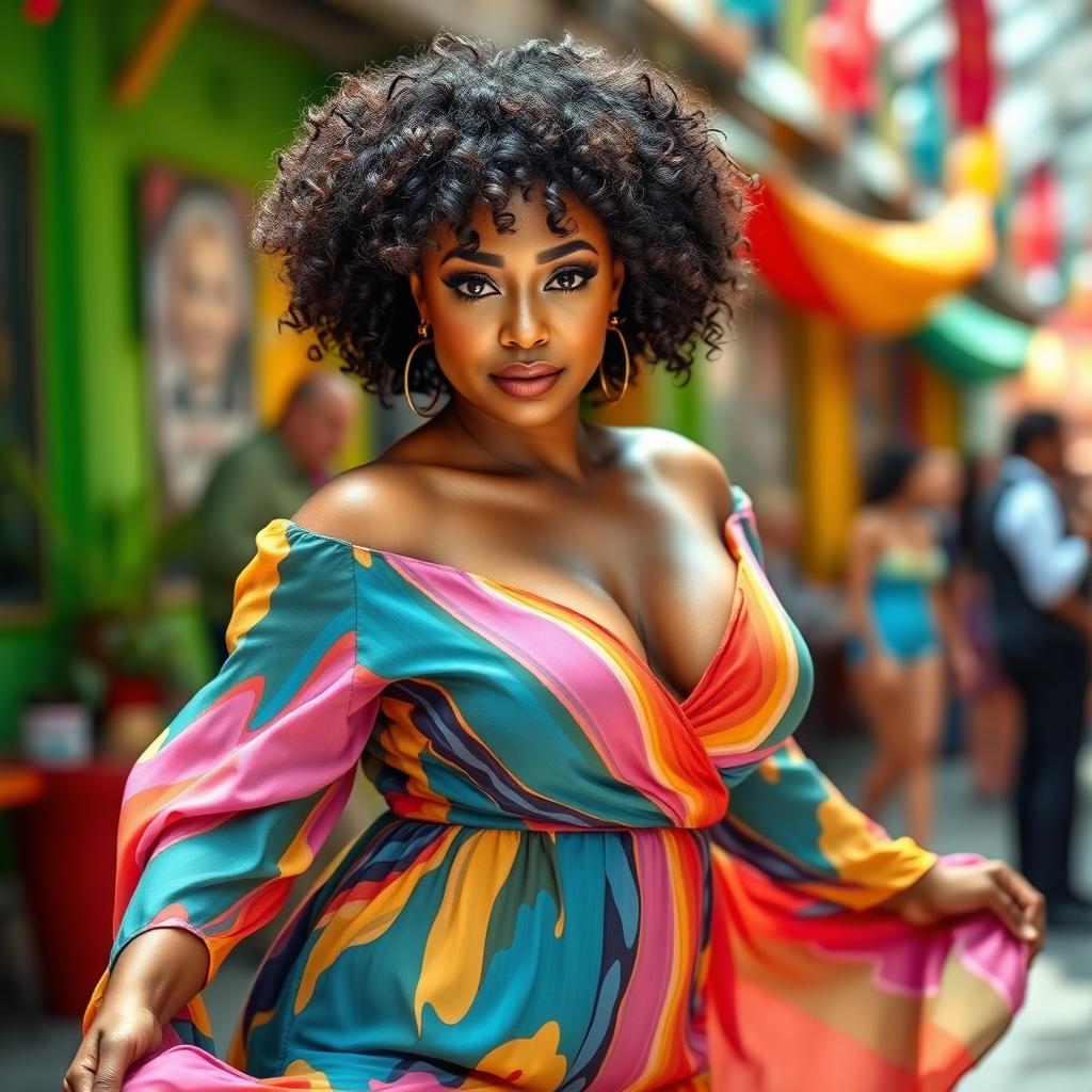 A voluptuous, confident woman with large, expressive eyes and curly hair, dressed in a vibrant, flowing dress that accentuates her curves