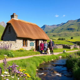 A picturesque Scottish Highland scene featuring a cozy, welcoming stone cottage with a thatched roof