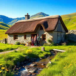 A picturesque Scottish Highland scene featuring a cozy, welcoming stone cottage with a thatched roof