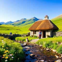 A picturesque Scottish Highland scene featuring a cozy, welcoming stone cottage with a thatched roof