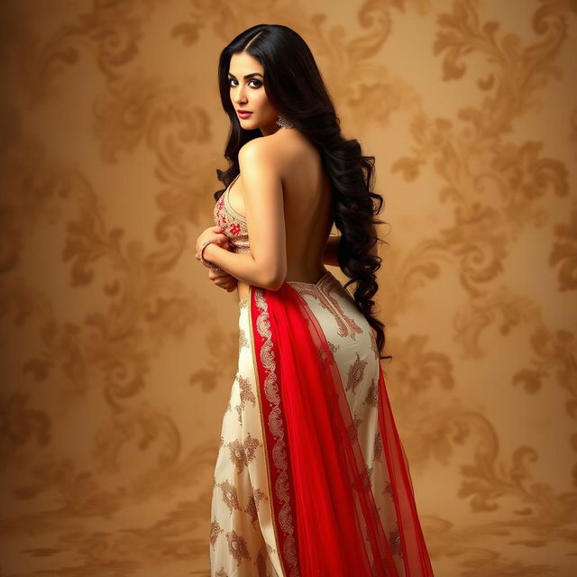 Sunny Leone in a sexy and elegant pose, expressing a confident and alluring demeanor