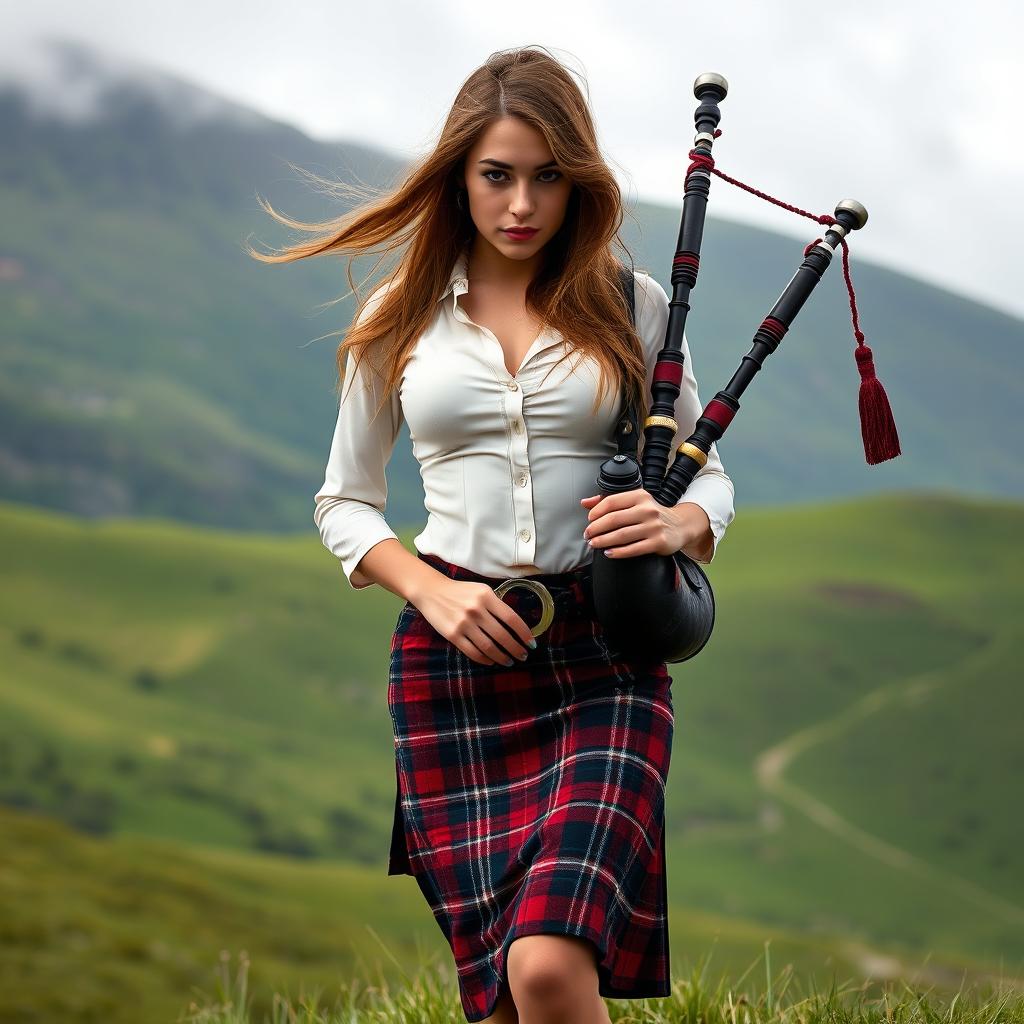 A seductive highland girl dressed in traditional Scottish plaid attire, characterized by a tartan kilt and a fitted blouse