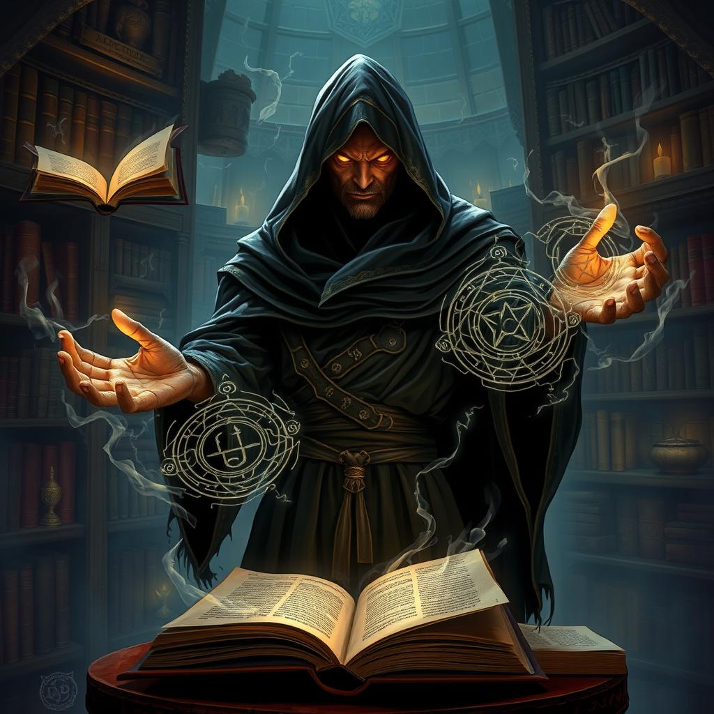 A reborn mage from Dungeons and Dragons, cloaked in shadowy robes, with luminescent eyes that pierce the darkness