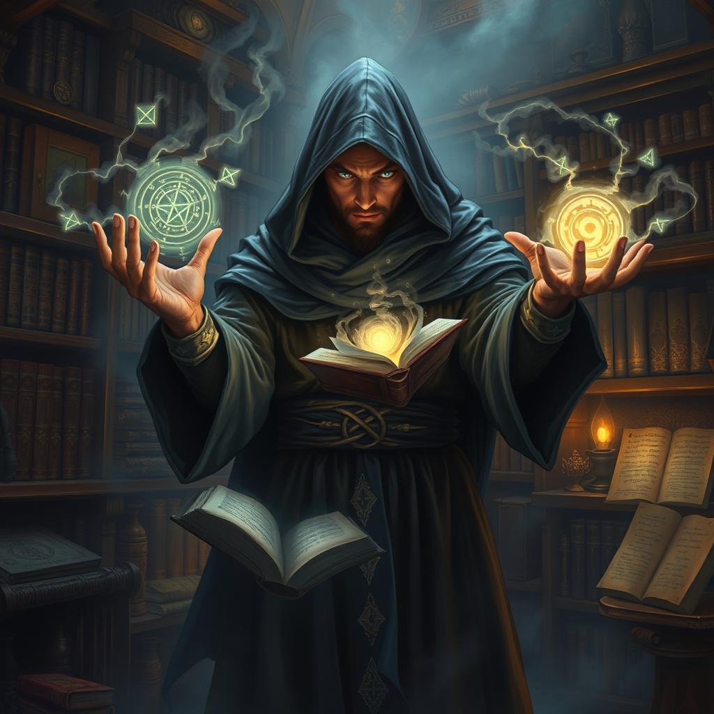 A reborn mage from Dungeons and Dragons, cloaked in shadowy robes, with luminescent eyes that pierce the darkness