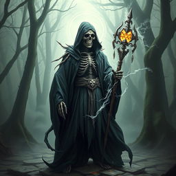 An undead reborn mage from the world of Dungeons and Dragons, embodying both eerie darkness and radiant revival