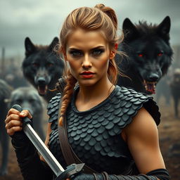 A fierce battlefield in the backdrop with a bronze-skinned woman, styled with a Viking-inspired hairstyle