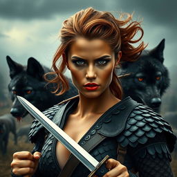 A fierce battlefield in the backdrop with a bronze-skinned woman, styled with a Viking-inspired hairstyle