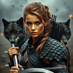 A fierce battlefield in the backdrop with a bronze-skinned woman, styled with a Viking-inspired hairstyle