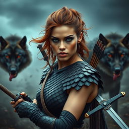 A fierce battlefield in the backdrop with a bronze-skinned woman, styled with a Viking-inspired hairstyle