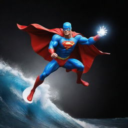 A superhero surfing on a wave, holding a brightly shining diamond in their outstretched hand against a dark background.