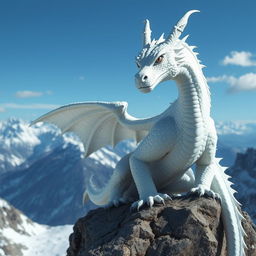 A majestic young adult white dragon, its scales shimmering in the light