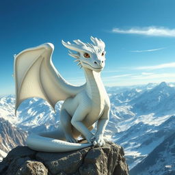 A majestic young adult white dragon, its scales shimmering in the light