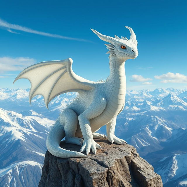 A majestic young adult white dragon, its scales shimmering in the light