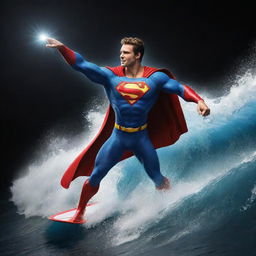 A superhero surfing on a wave, holding a brightly shining diamond in their outstretched hand against a dark background.