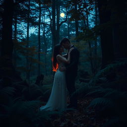 an intimate scene in a lush, vibrant forest setting at dusk, with two consenting adults romantically embracing amidst a backdrop of towering trees, soft ferns, and a carpet of autumn leaves, moonlight barely peeking through the foliage, creating a mystical and magical atmosphere