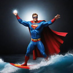 A superhero surfing on a wave, holding a brightly shining diamond in their outstretched hand against a dark background.