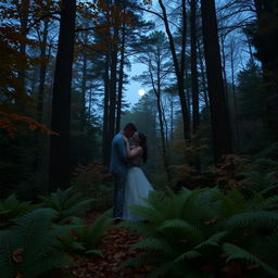 an intimate scene in a lush, vibrant forest setting at dusk, with two consenting adults romantically embracing amidst a backdrop of towering trees, soft ferns, and a carpet of autumn leaves, moonlight barely peeking through the foliage, creating a mystical and magical atmosphere