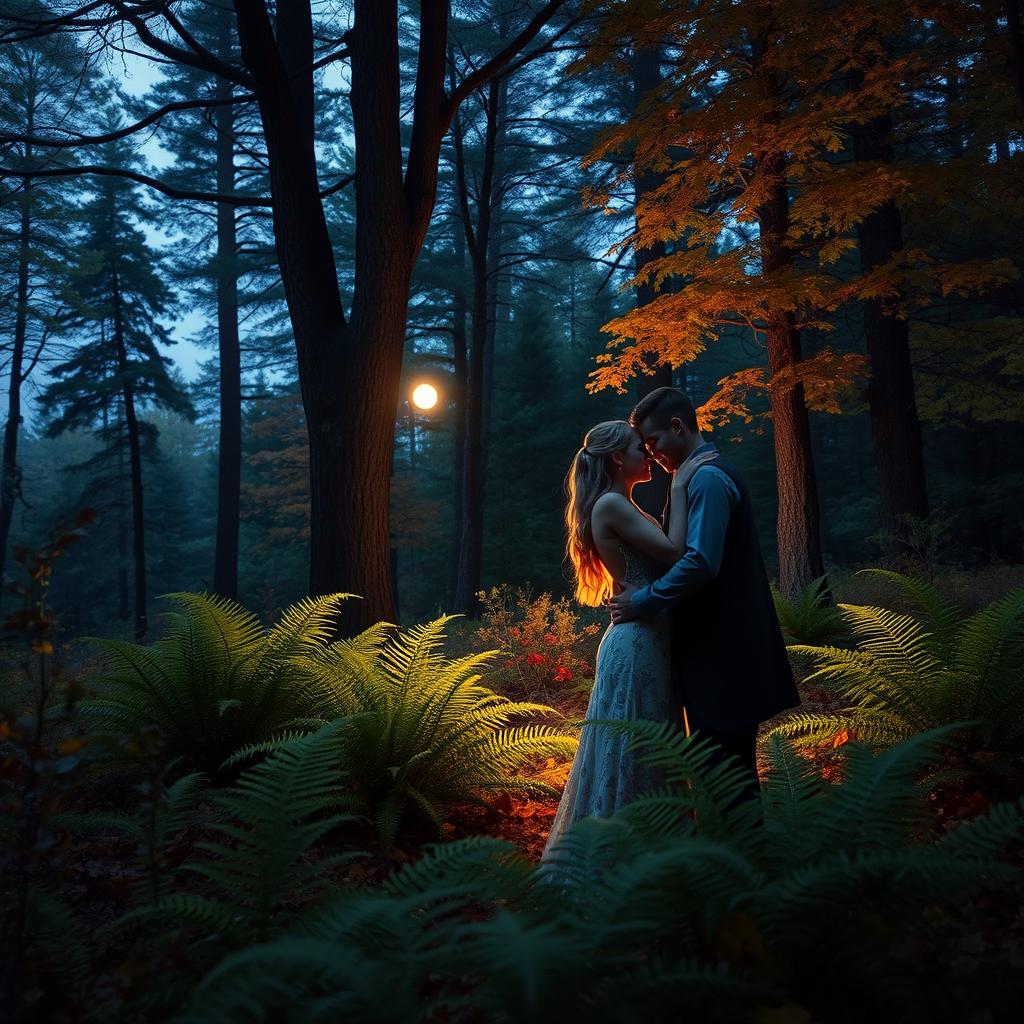 an intimate scene in a lush, vibrant forest setting at dusk, with two consenting adults romantically embracing amidst a backdrop of towering trees, soft ferns, and a carpet of autumn leaves, moonlight barely peeking through the foliage, creating a mystical and magical atmosphere