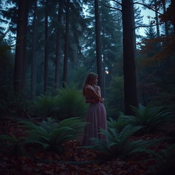 an intimate scene in a lush, vibrant forest setting at dusk, with two consenting adults romantically embracing amidst a backdrop of towering trees, soft ferns, and a carpet of autumn leaves, moonlight barely peeking through the foliage, creating a mystical and magical atmosphere