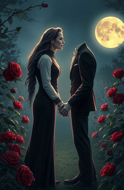 A romantic vampire couple holding hands in a moonlit garden, surrounded by blooming roses