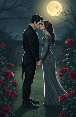 A romantic vampire couple holding hands in a moonlit garden, surrounded by blooming roses