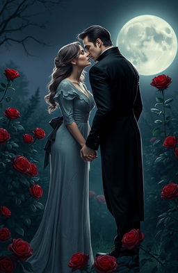 A romantic vampire couple holding hands in a moonlit garden, surrounded by blooming roses