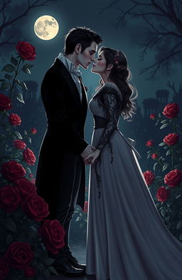 A romantic vampire couple holding hands in a moonlit garden, surrounded by blooming roses